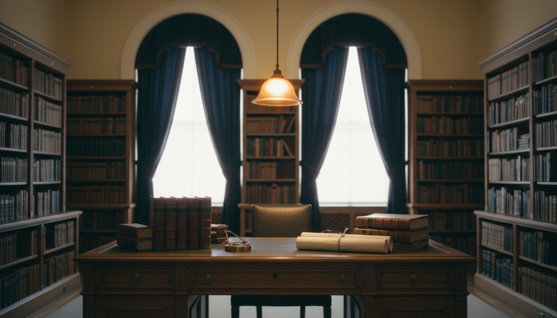 A quiet oak desk in a library, with leather-bound ledgers and an amber pendant lamp.