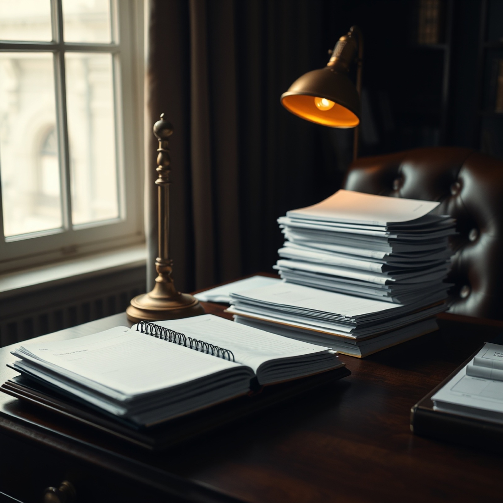 An accountant's quiet desk corner with stacked ledgers, a brass desk lamp, and an open paper checkbook.