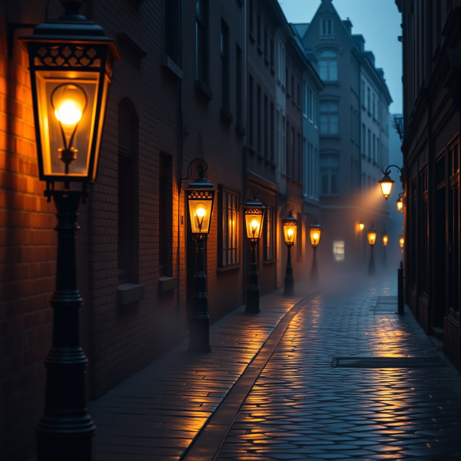 A row of cast-iron gas lanterns lining a brick alley at blue hour, glowing amber against fog and wet cobblestones.