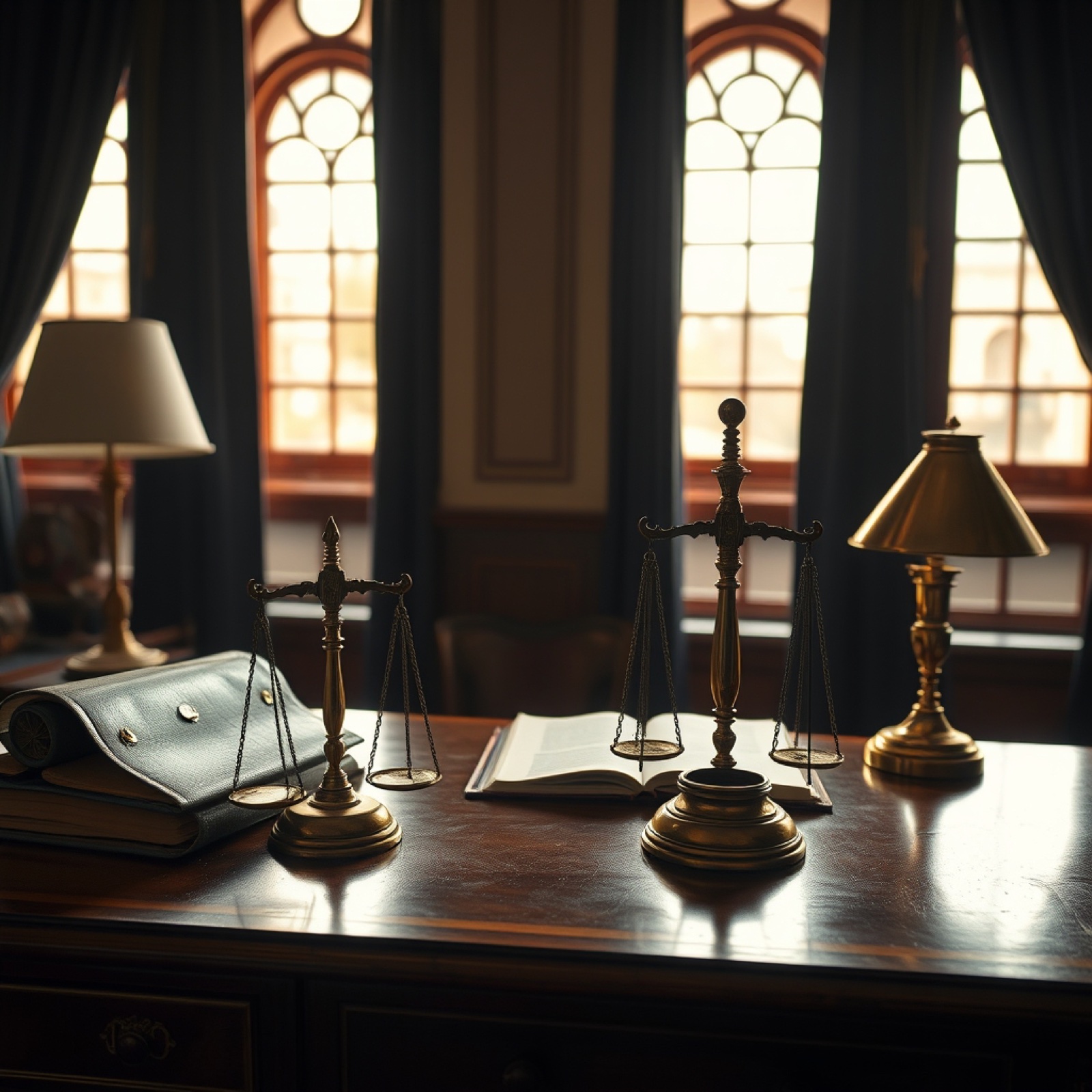 An antique brass balance scale on a polished walnut desk beside leather-bound ledgers, soft amber light through tall windows.