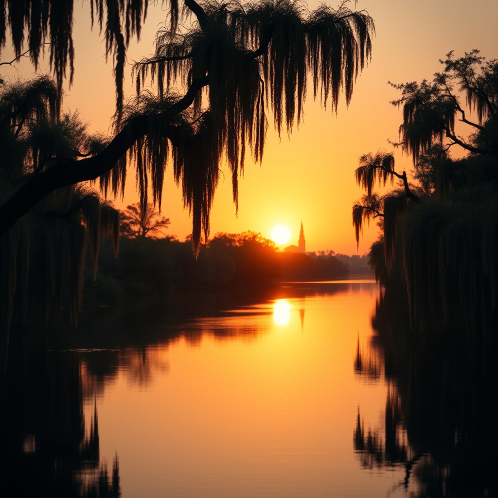 Sunset over a Louisiana bayou with cypress trees draped in Spanish moss reflected in still water.